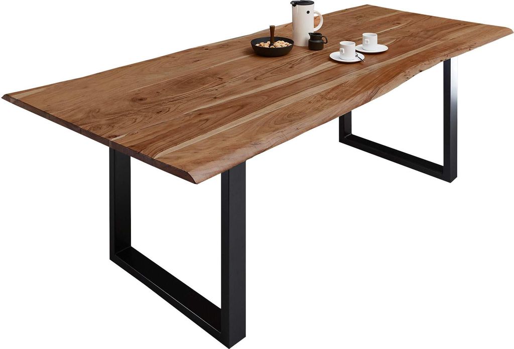 Esszimmertisch 240x100 cm Milo, echte Baumkante, naturfarben, massiver Esstisch aus Akazienholz, Metallbeine Schwarz, Baumkantentisch