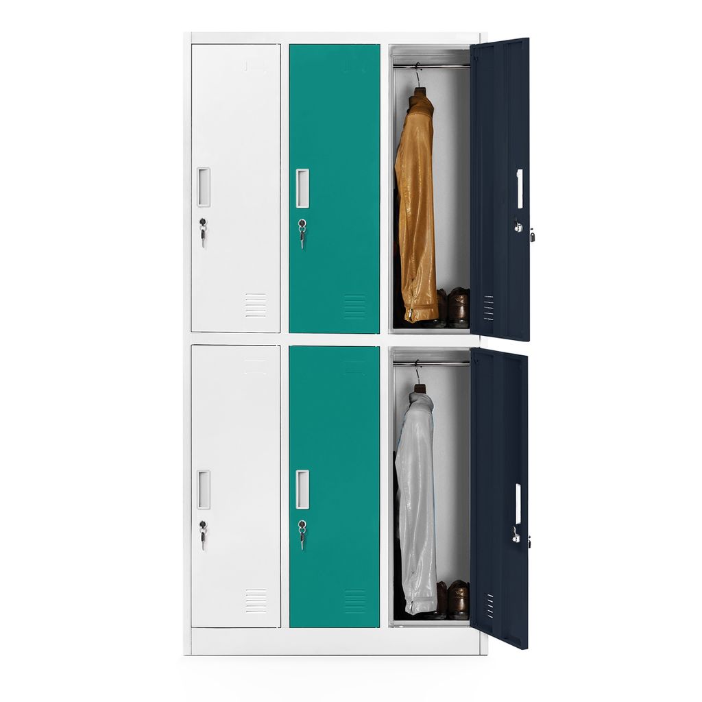 A set of metal lockers with clothing inside.