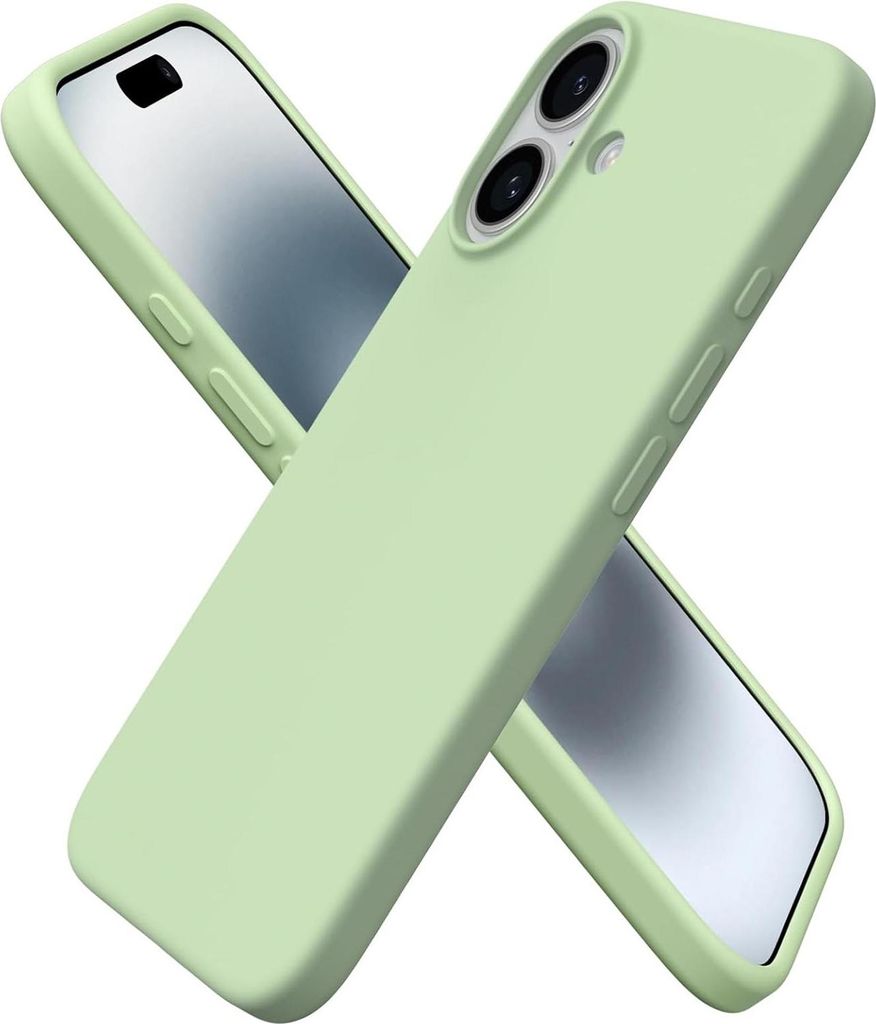 Two green phone cases are arranged diagonally on a white background.