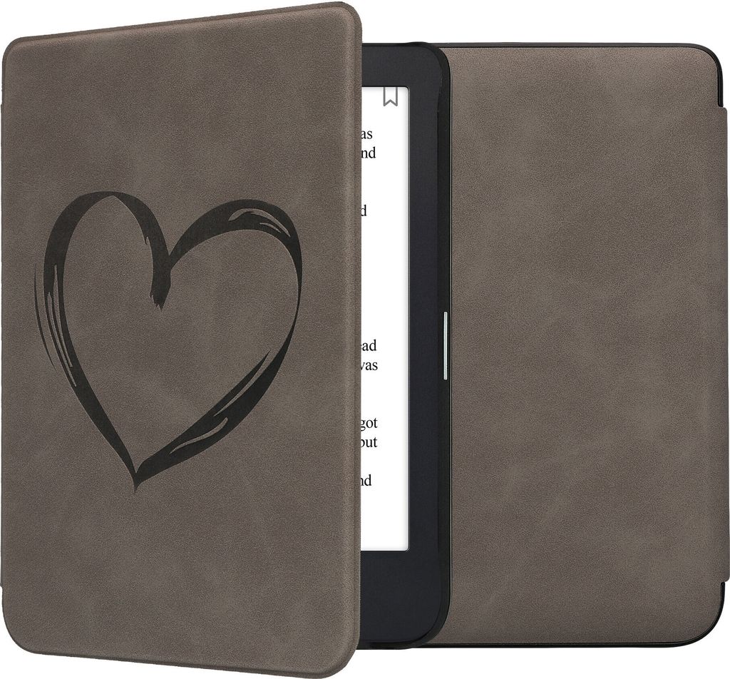 kwmobile Schutzhülle für Kobo Clara 2E / Tolino Shine 4 Hülle - eReader Case aus Kunstleder mit Auto Sleep Funktion - Herz Brush mit Grau