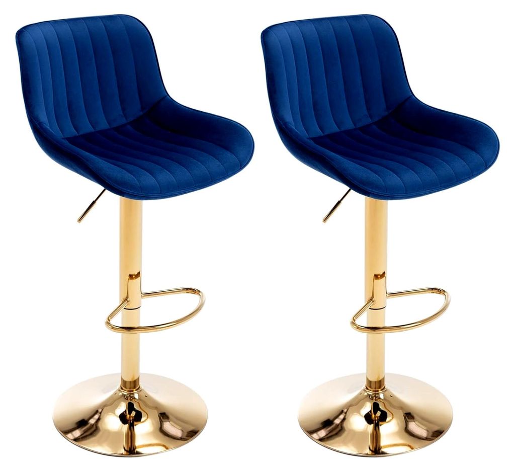 2er Set Barhocker mit Lehne, höhenverstellbar, Samt Blau, Barstuhl, moderner Küchenhocker mit Fußstütze, 360° drehbar für Esszimmer, Küche, ...