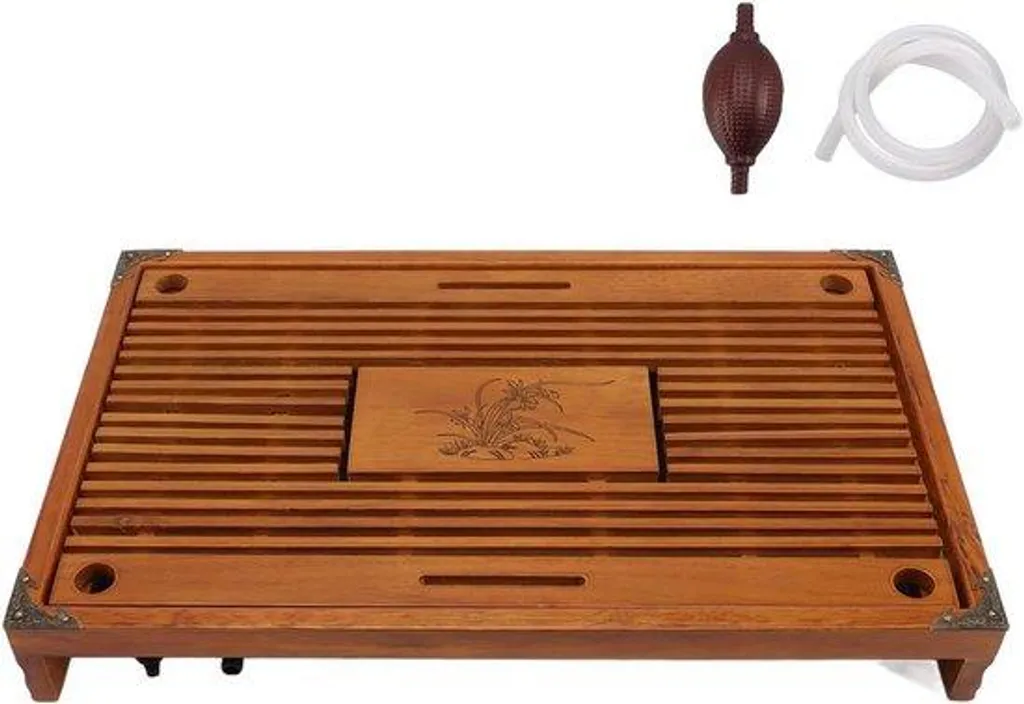 Plateau à thé en bois jaune avec rigole d'écoulement et motif orchidée