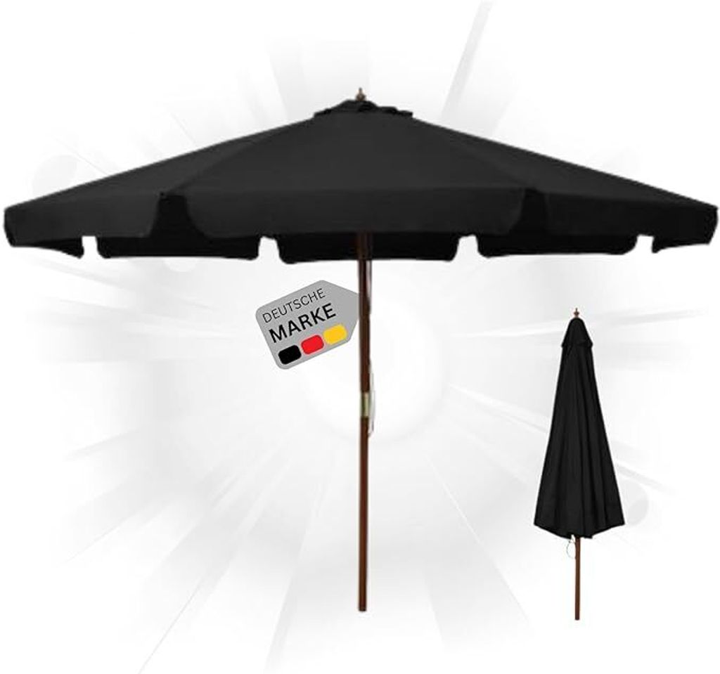 DELUKE Sonnenschirm aus Holz PAUL Schwarz| HxB 254x330cm | Sonnenschirm 330 cm Kurbelschirm Standschirm Sonnenschutz Gartenschirm Balkonschirm kl...