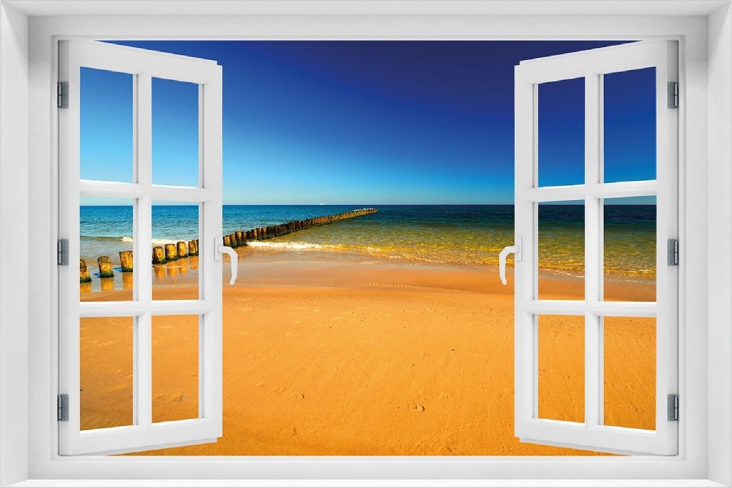Wallario Poster mit Fenster-Illusion: Sandstrand in orange - Blaues Meer - Blauer Himmel, Größe: 100 x 150 cm