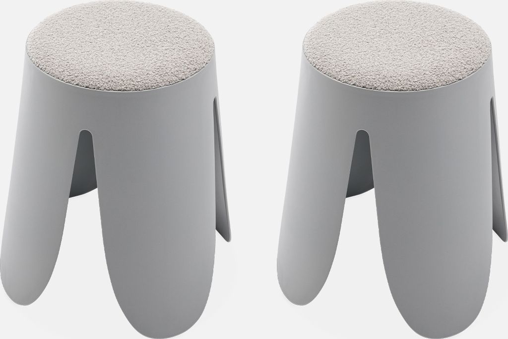 Two identical grey stools with textured light grey seats are shown side-by-side against a white background.