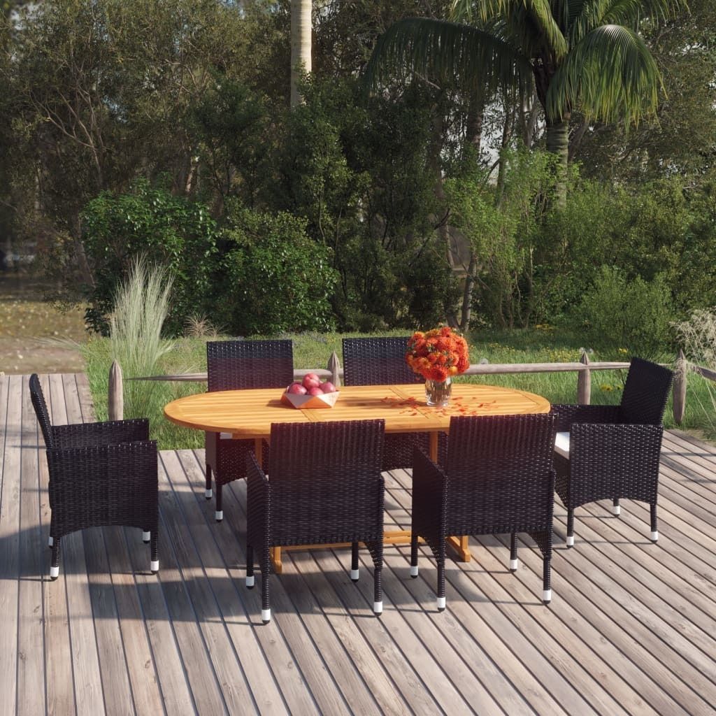 The Living Store 7-tlg. Garten-Essgruppe Poly Rattan Schwarz
