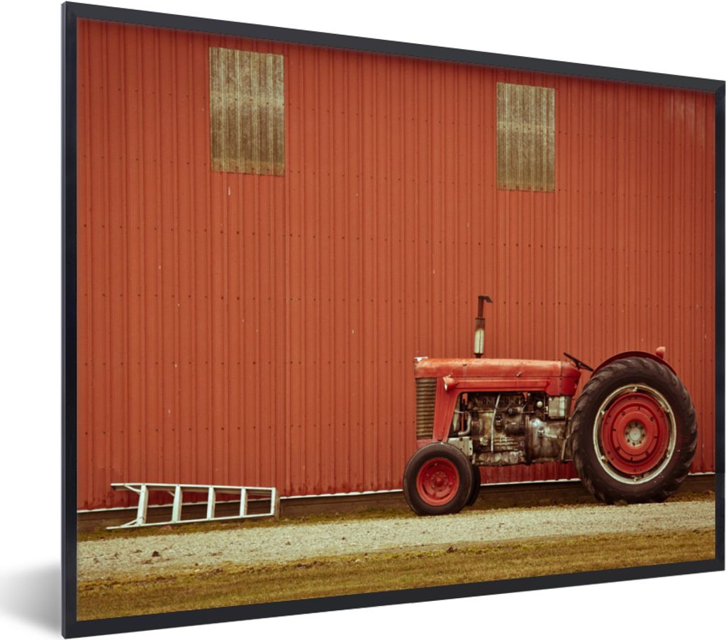 MuchoWow Gerahmtes Poster Traktor - Scheune - Rot - Bauernhof 40x30 cm - Poster mit Schwarzem Bilderrahmen Wandposter Rahmen Foto Bilder - Kunstp...