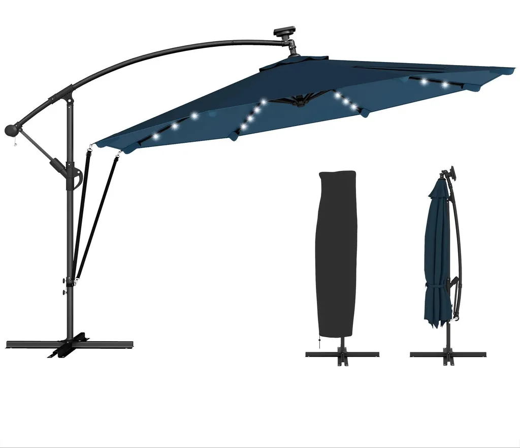 Grand parasol de jardin déporté bleu Ø 345 cm avec mât alu et lampes LED