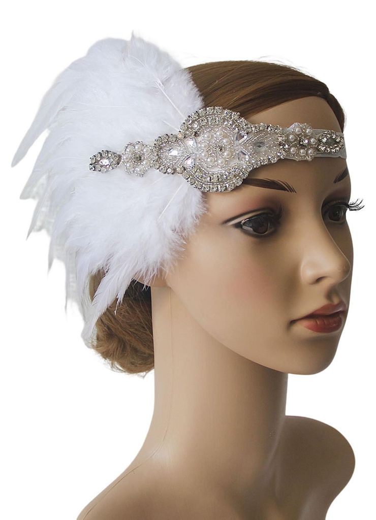 Flapper-Haarreif für Damen mit Kunstperlen, Federquasten und Strasssteinen – Vintage-Braut-Haarschmuck im Flapper-Stil, ideal für Abschlussball...