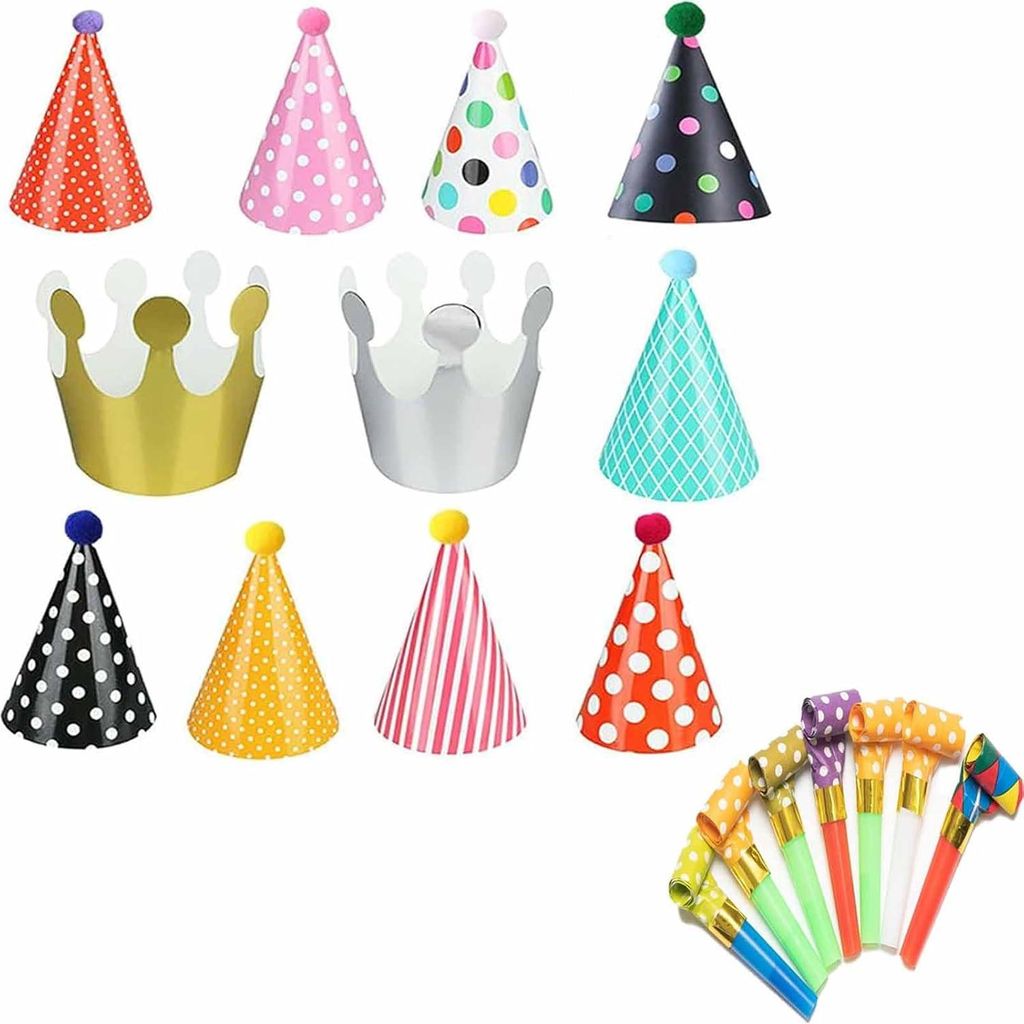 Zbssny Party Dekoration Set, 11 Partyhüte mit Pompons und 10 Partytröten, Bunte Polka Dot Muster, für Kindergeburtstag und Familienfeiern