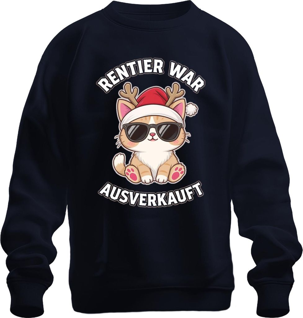 Rentier war t Katze Sonnenbrille Rentierhörner lustig Uni Sweatshirt Pullover, Navy, XXL