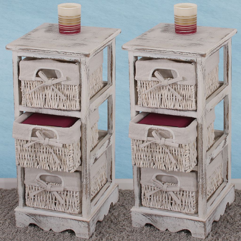 2er-Set Regal Kommode mit 3 Korbschubladen 58x25x28cm, Shabby-Look, Vintage weiß