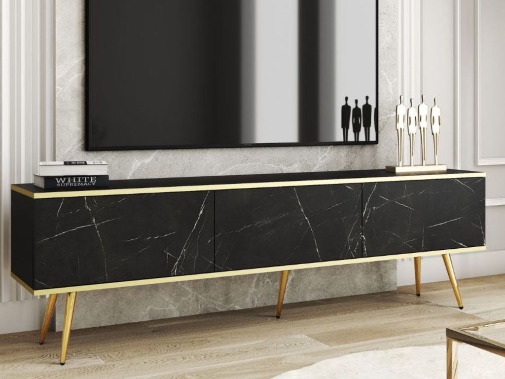 GrainGold TV-Schrank Diolo - Breiter RTV-Schrank, RTV-Tisch, Lowboard, TV-Tisch mit Metallbeinen, Stilvoller RTV-Schrank - TV-Schrank Schwarzer Mar...
