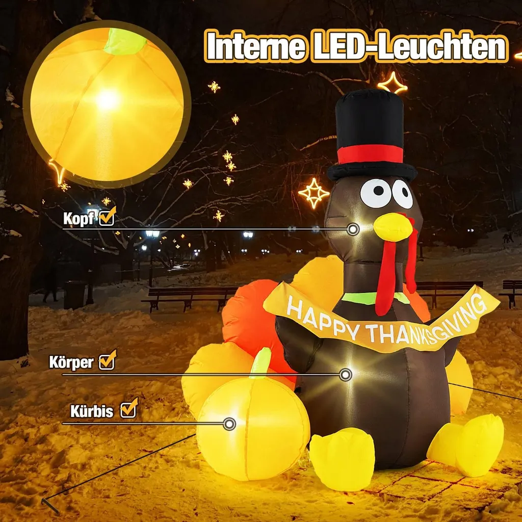 Dinde gonflable 150 cm avec LED et citrouille, tissu haute densité D3 - 4