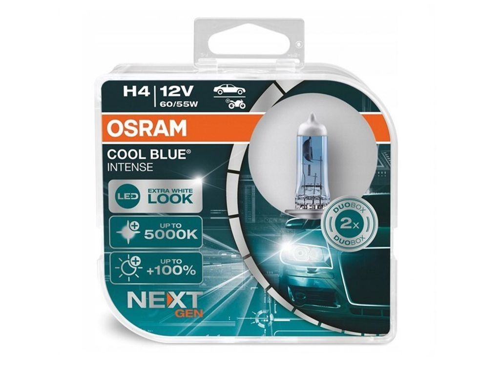Packaging for OSRAM COOL BLUE INTENSE NextGen H4 headlight bulbs.