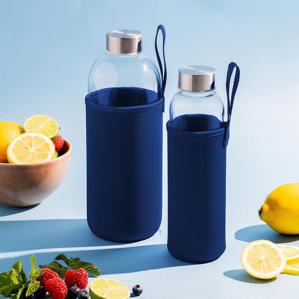Glas-Trinkflasche mit Neoprenhülle und Edelstahlverschluss - 1 Liter und 500 ml - Perfekt für Sport, Büro und Outdoor
