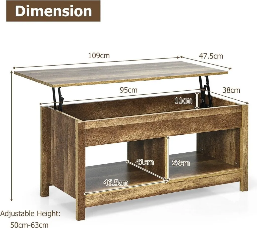 Table Basse Plateau Relevable en Chêne avec Compartiments et Étagères