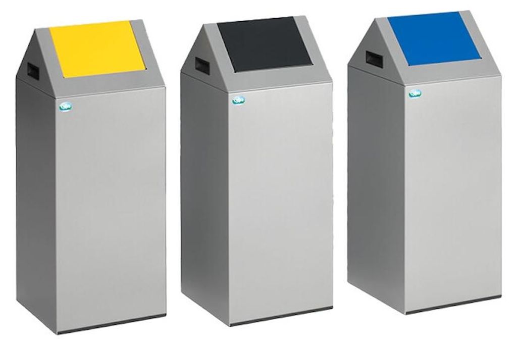 Selbstlöschender Wertstoffsammler spitz mit Einwurfklappe | 60 Liter, HxBxT 80x32x32cm | Verzinkter Stahl | Silber-Gelb