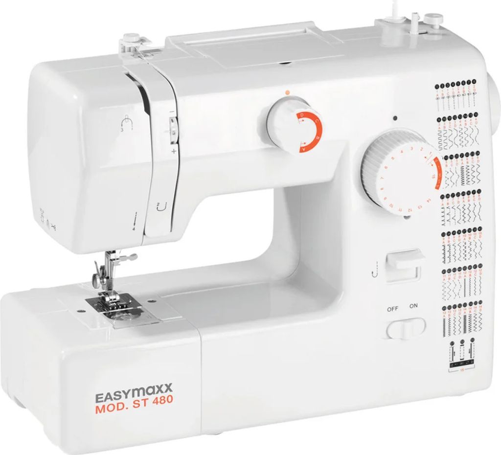 A white electric sewing machine is shown from a slightly angled front view against a white background.