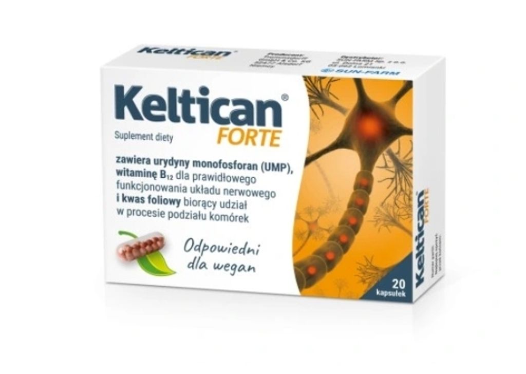 A product box for Keltican Forte dietary supplement, featuring an illustration of a neuron.
