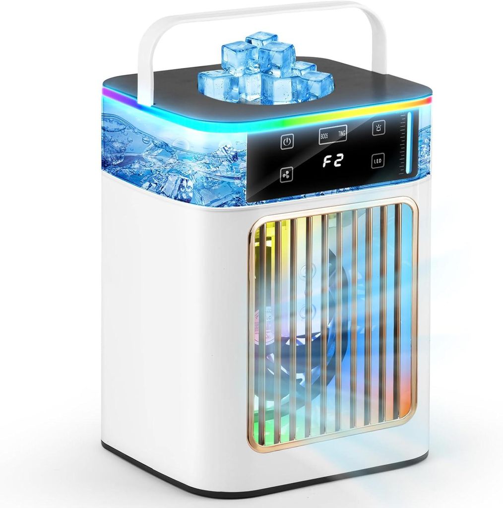 Tragbare Klimaanlage mit 2 kühlen Nebeln und 4 Geschwindigkeiten mit 7 Farblichtern und 900 ml für Zimmer, Büro, Camping