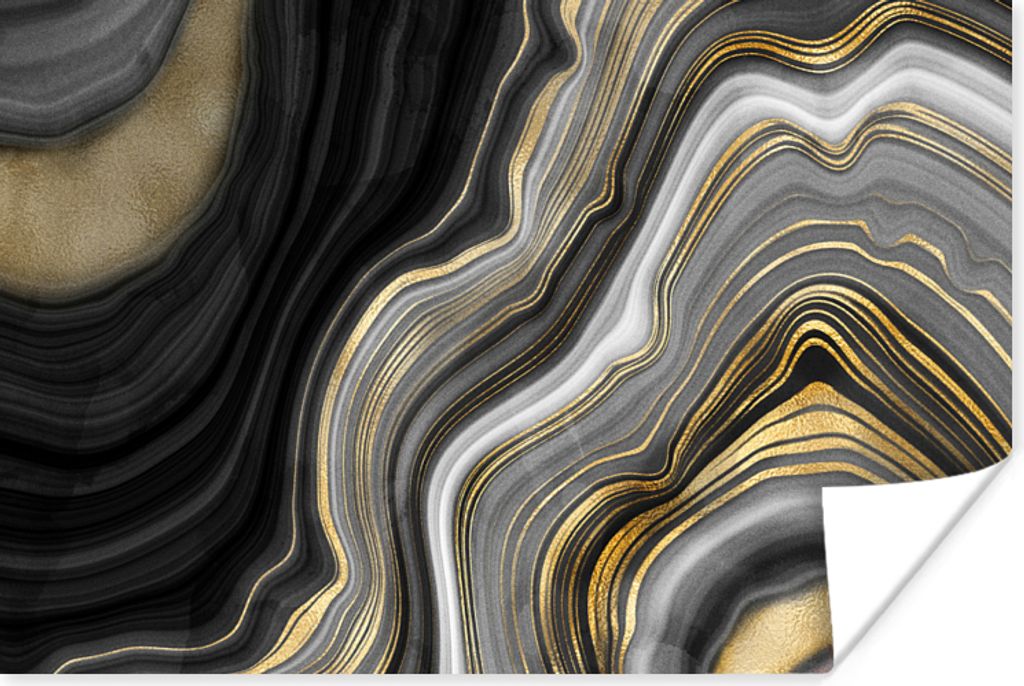 MuchoWow Poster Marmor - Stein - Achat - Schwarz und Gold 180x120 cm - Fotoplakat