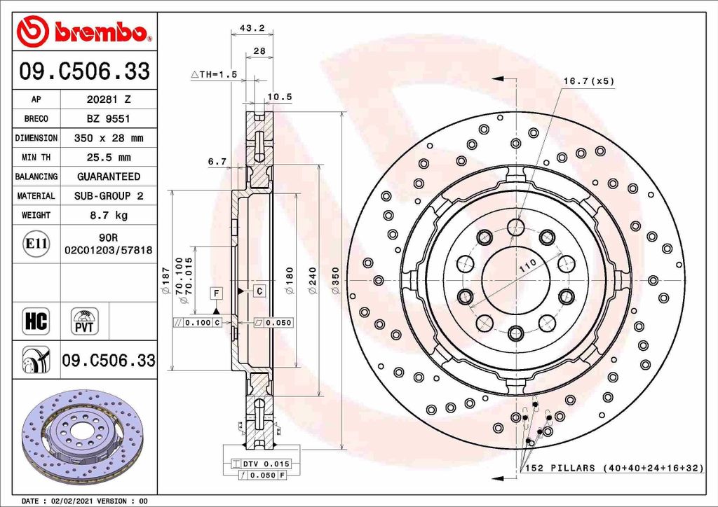 2x brzdový kotouč BREMBO 09.C506.33 pro ALFA ROMEO GIULIA Obrázek produktu 