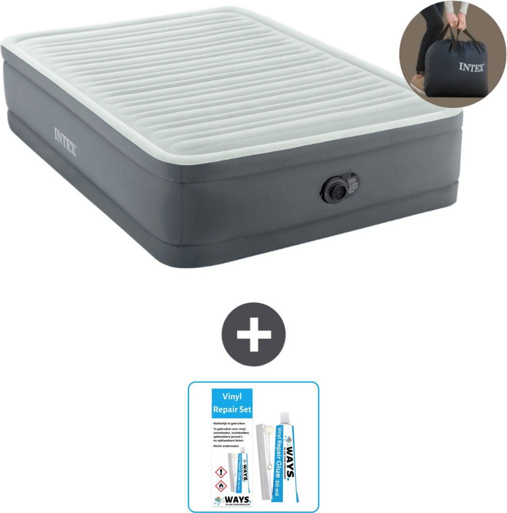 Intex Airbed - Doppelbett - 137 x 191 x 46 cm - Grau - Inklusive Pumpe - Reperaturset