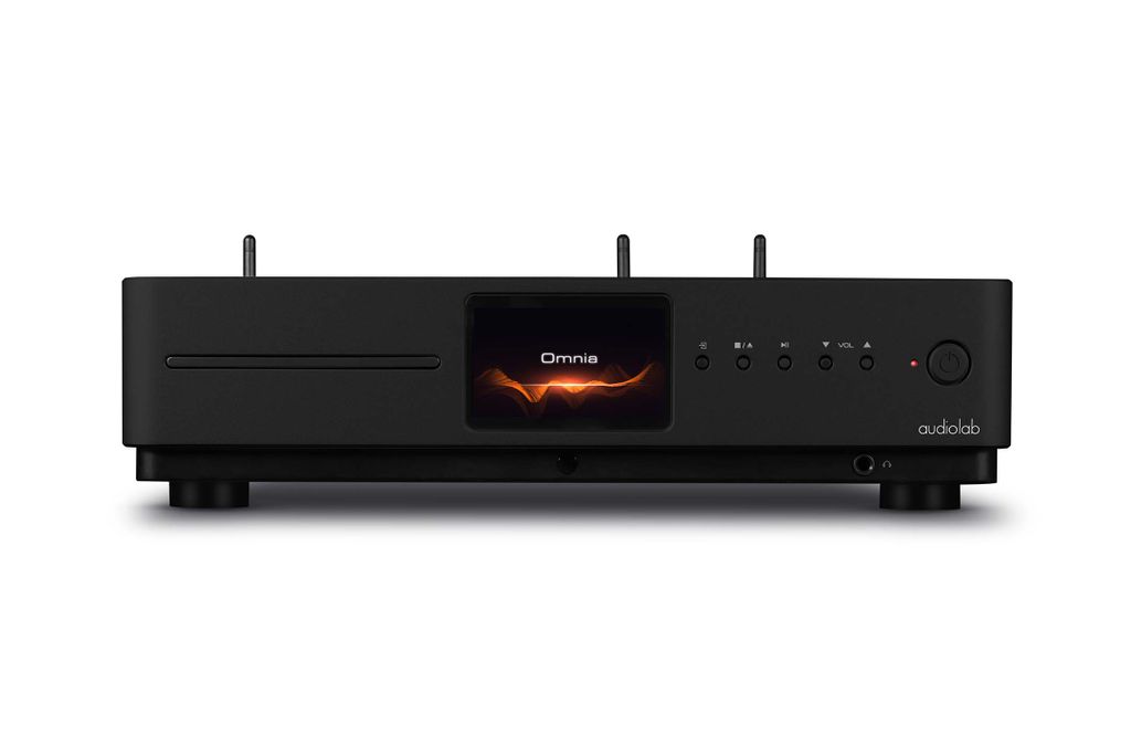 A black audiolab Omnia all-in-one music system is shown against a white background.