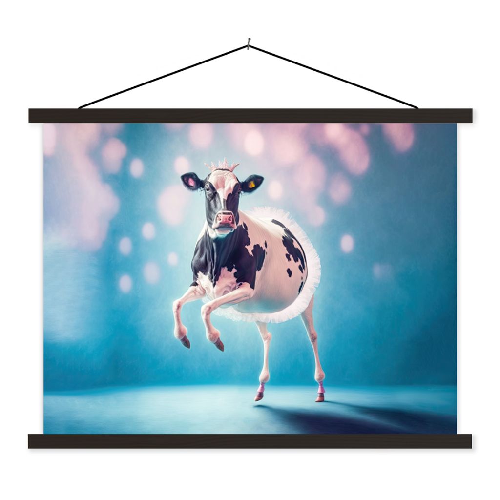 MuchoWow Textilposter Kuh - Krone - Ballett - Blau - Rosa - Kinder 150x113 cm mit holzfarbenen Rahmen - Poster