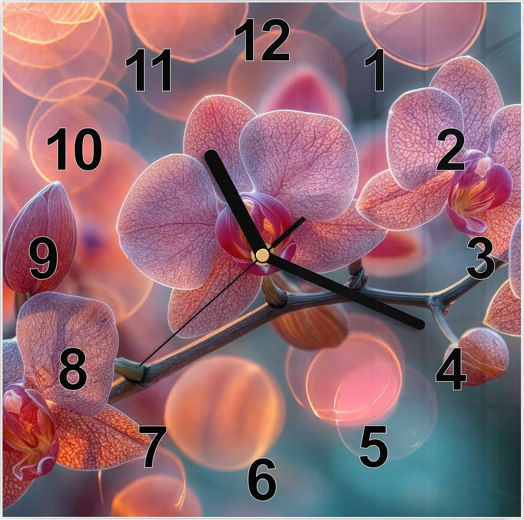 Wanduhr aus Glas mit Motiv Orchidee Bokeh- 30 x 30 cm - inkl. Aufhängesystem