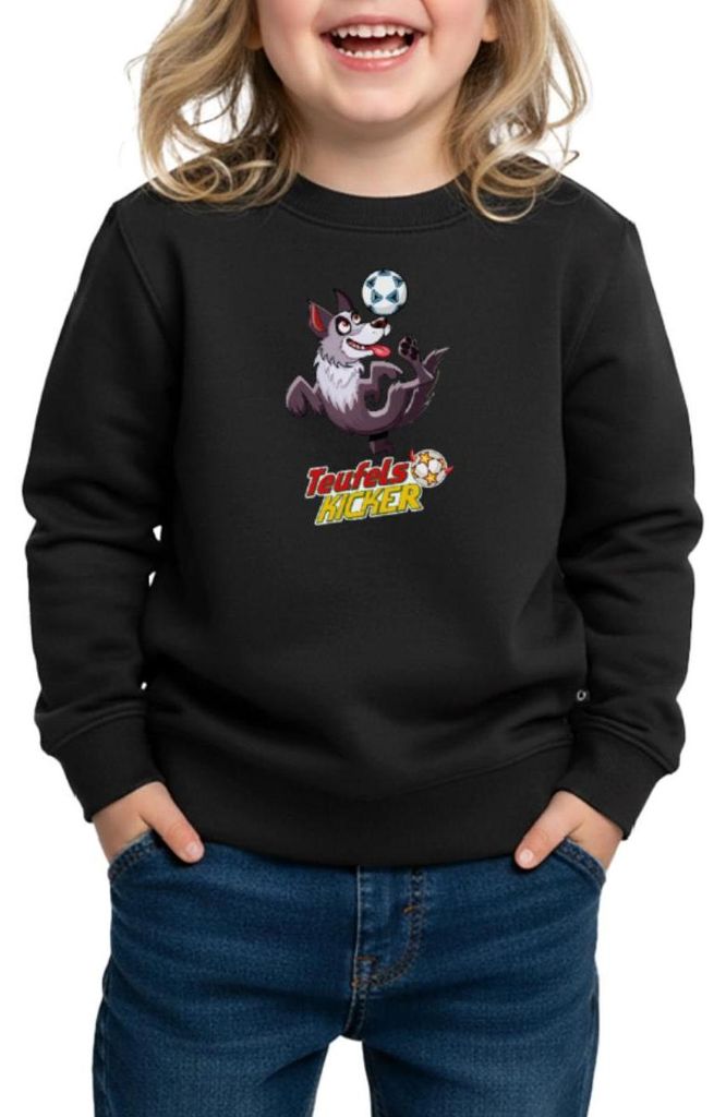Spreadshirt Teufelskicker Hund Cico Mit Fußball Kinder Premium Pullover, 98/104 (2 Jahre), Schwarz