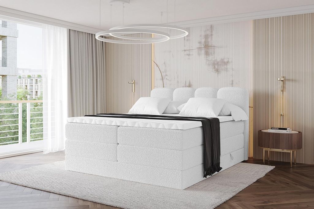 ALTDECOR Boxspringbett - NINA KING - 140x200 Weiß- Komplett-Set mit H3 und H4 Matratzen und Topper, Polsterbett mit Bettkästen, Lattenrost, Bett ...