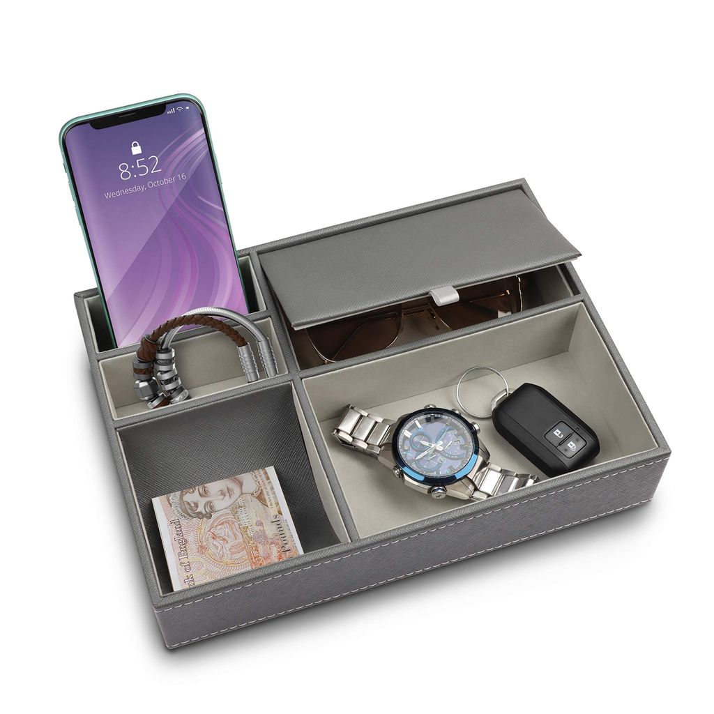 Belle Vous Büroablage Herren aus Kunstleder Grau, Nachttisch Ablage mit 5 Fächern - Aufbewahrung für Handy, Geldbeutel, Münzen, Schmuck, Schlü...