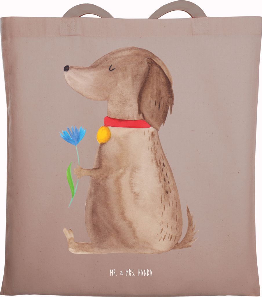 Mr. & Mrs. Panda Shopping Tasche Hund Blume - Braun Pastell - Geschenk, canvas, Halsband, Sprüche, Jutebeutel, Büchertasche, Niedlich, Tote Bag, ...