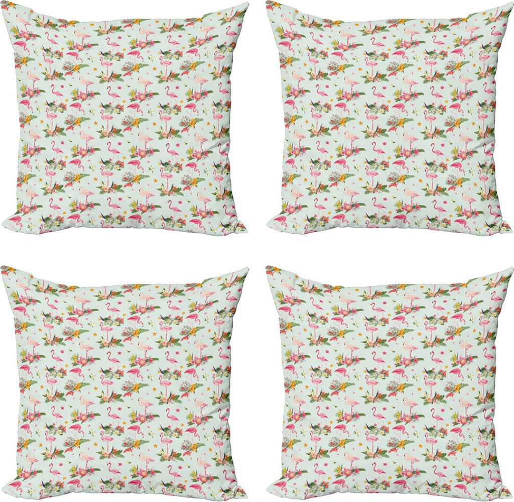 ABAKUHAUS Orchideen Kissenbezug Set (4 Stück), Exotische Flamingo Laub Kunst, Moderner Doppelseitiger Digitaldruck, 50 cm x 50 cm, Rosa Baby Blue