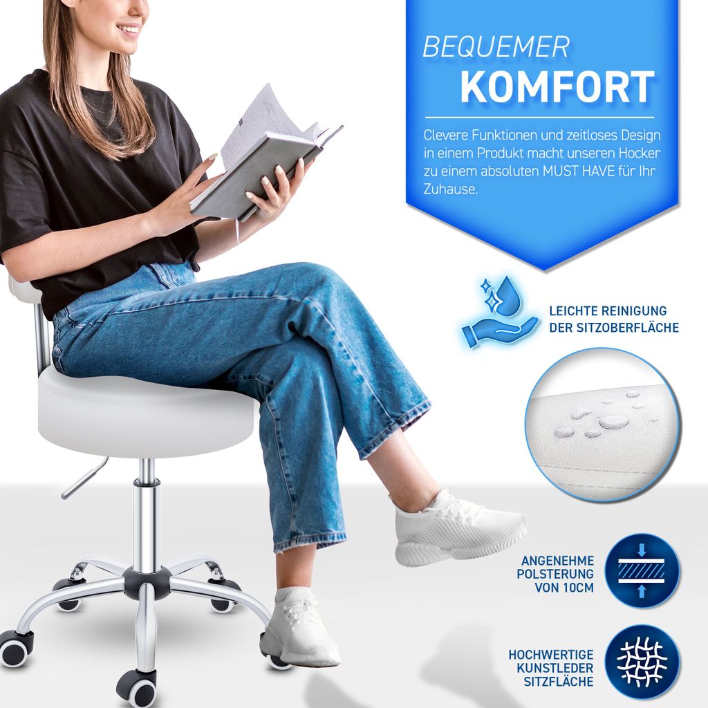 TRESKO Roller Stool White s opěradlem Pracovní stolička Obrázek produktu 3
