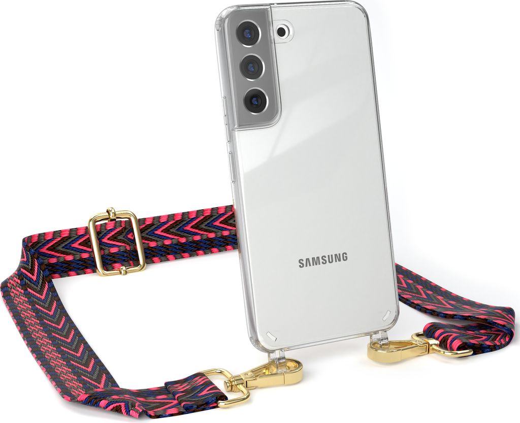 EAZY CASE Handykette - Verstellbarer Trageriemen kompatibel mit Samsung Galaxy S22 5G, Handykordel mit transparenter Silikon-Hülle, Band in Rosa