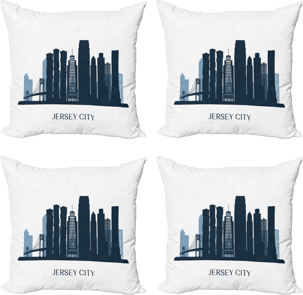 ABAKUHAUS Jersey City Kissenbezug Set (4 Stück), Center of Hudson USA, Moderner Doppelseitiger Digitaldruck, 45 cm x 45 cm, Dunkelblau Petrol