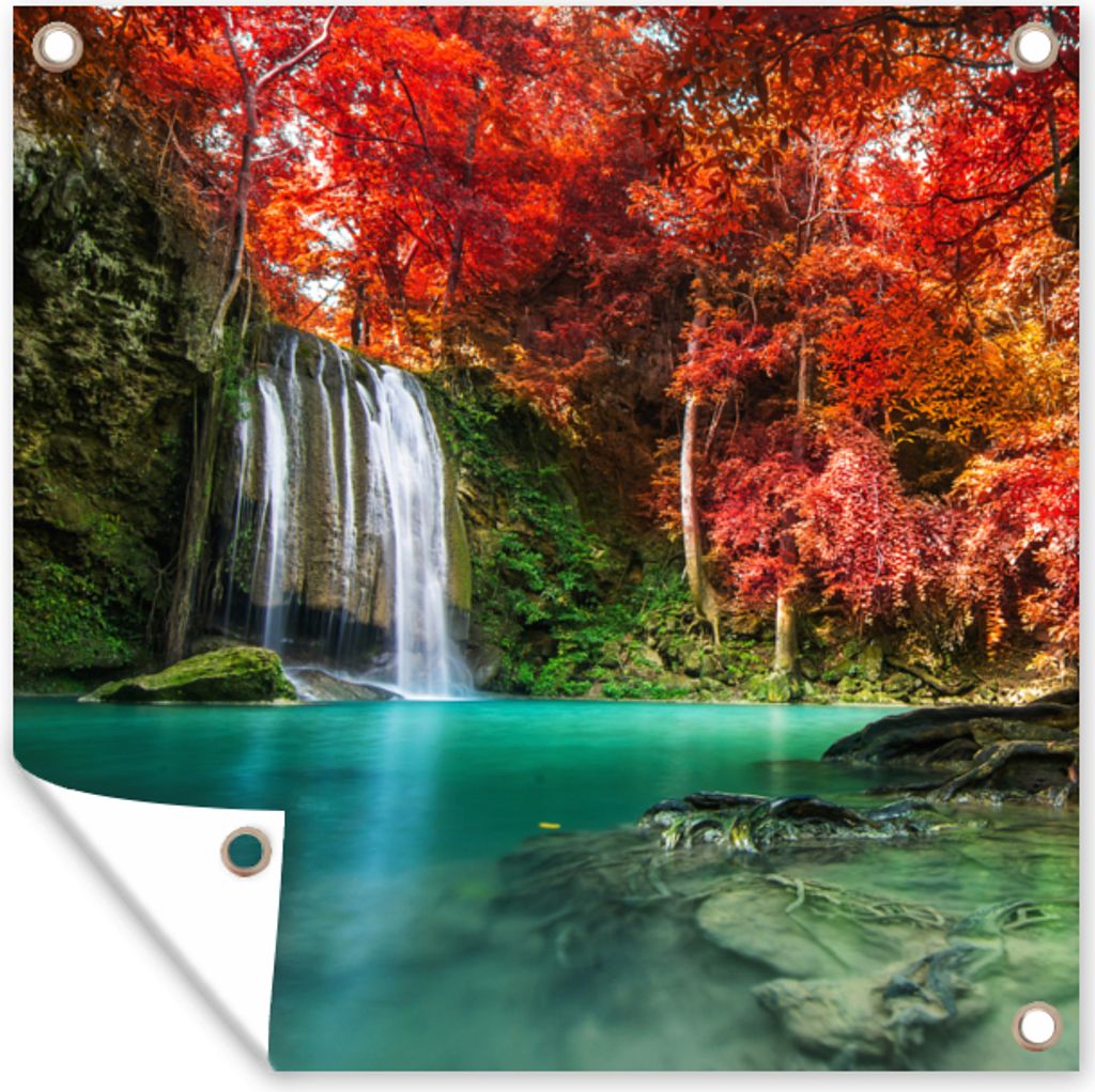 MuchoWow 100x100 cm Outdoor-Poster Gartendeko Sichtschutz Garten Poster für den Garten Wasserfall - Baum - Rot - Herbst - Wasser