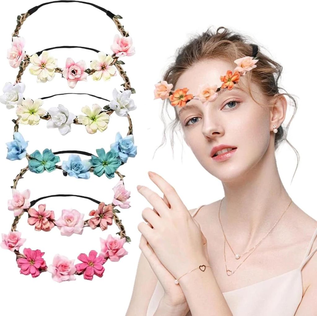 Blumenkranz - 6 Stück - Buntes Kranz-Haarband für Mädchen - Verstellbare Blumenkrone für Frauen - Farbenfrohe Festival-Haaraccessoires - Elasti...