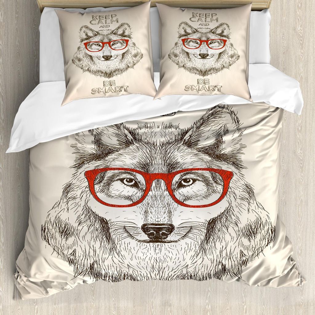 ABAKUHAUS Ruhe bewahren, ruhig bleiben Bettbezug Set, Humoreske von Wolf mit Brille und Be Smart Typography, 155 x 220 cm + 80 x 80 cm, Pale Senf T...