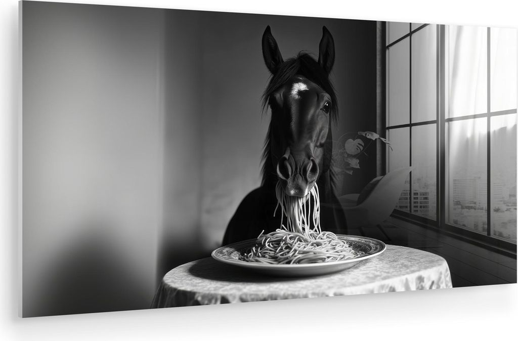 MuchoWow Glasbilder - Bilder auf Wandbild - Foto auf Glas Pferd - Teller - Pasta - Tischtuch - Schwarz und weiß - Tiere 40x20 cm Wanddekoration au...