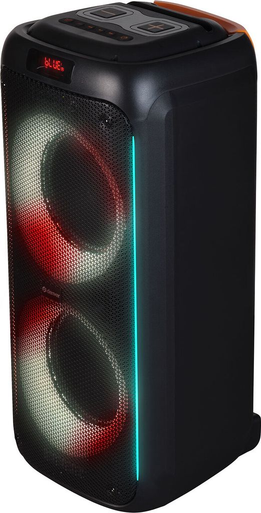 A black portable Bluetooth speaker with colorful LED lights.