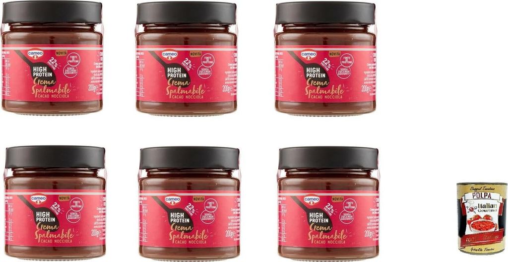 6x Cameo High Protein Kakao-Haselnuss-Streichproteincreme, glutenfrei, 200 g+ Italian gourmet polpa 400g