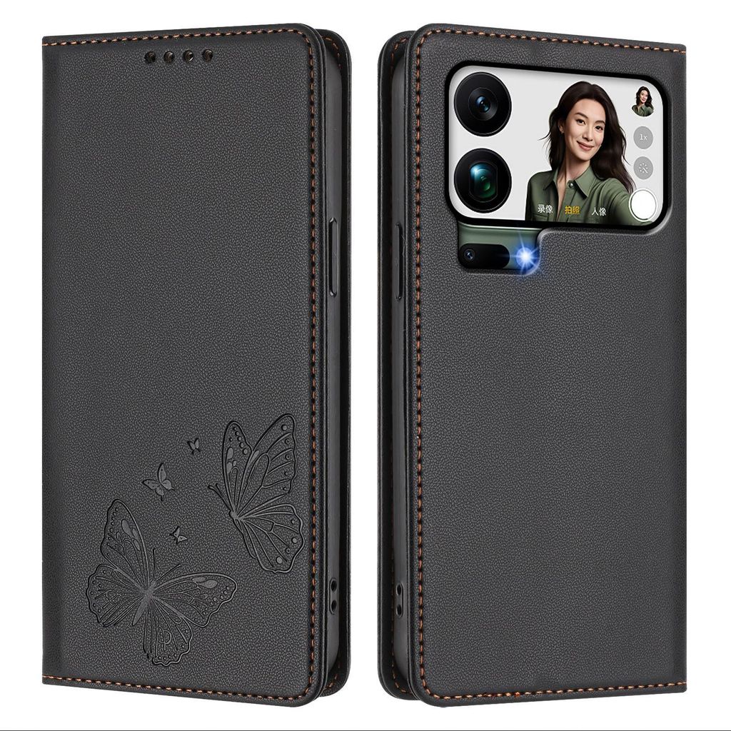 Lederhülle für Xiaomi 17 Pro Max, Schmetterling Prägung Leder Brieftasche Schutzhülle mit Ständer Schwarz