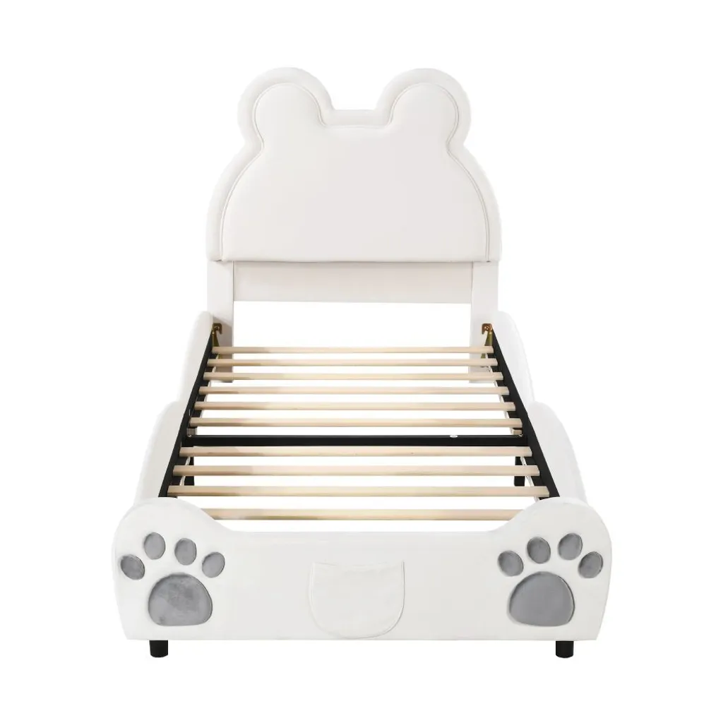 Lit Enfant Ours en Velours Douceur - Sommier 90x200 cm Rembourré Blanc Chic