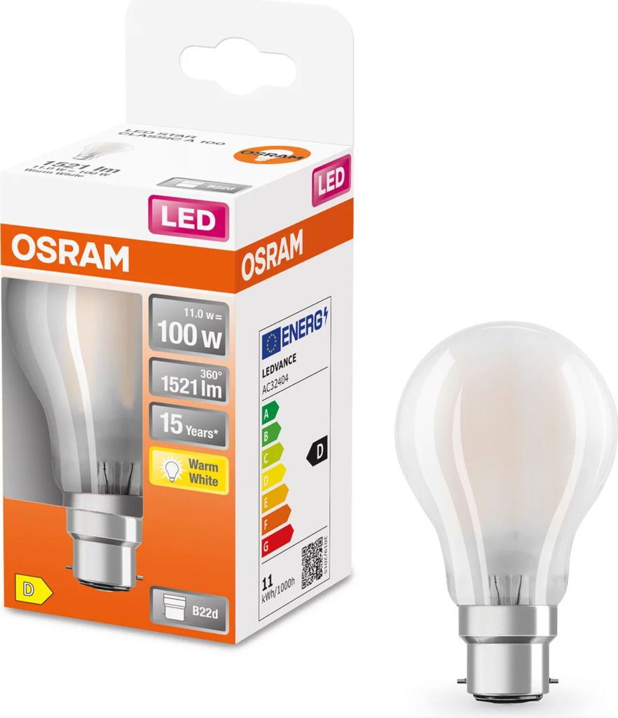 OSRAM HOMELIGHTING 4058075124684 LED (monochrome) EEC D (A - G) B22d Pear shape 11 W = 100 W Warm white (Ø x L) 60.0 mm x 104.0 mm 1 pc(s)