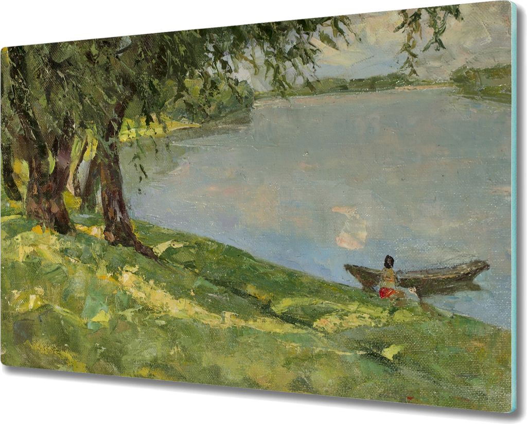 Coloray Herdabdeckplatte 80x52 cm Schneidebrett Kochplattenabdeckung Küchenbrett Hackbrett - Malerei Boot See Baum