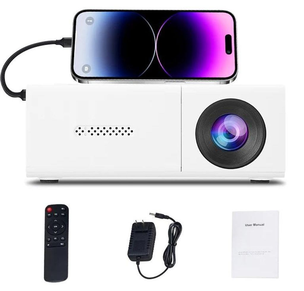 Mini Beamer - Tragbarer Projektor T4 - HD - Kabellose Bildschirmspiegelung - Integrierter Akku - AC/DC-Strom - Mehrere Anschlüsse - Netzadapter en...